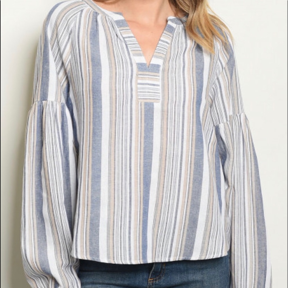 Blue/Tan/white stripe blouse